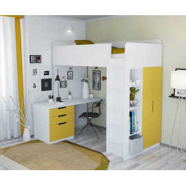 Кровать-чердак Polini Simple с письменным столом и шкафом, белый-солнечный
