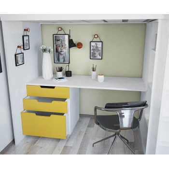 Кровать-чердак Polini Simple с письменным столом и шкафом, белый-солнечный
